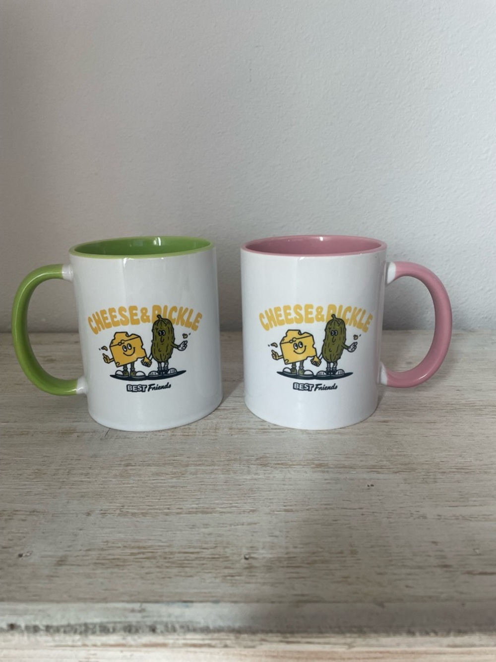 Cheese & Pickle Best Friends Ceramic Mug Pink or Green